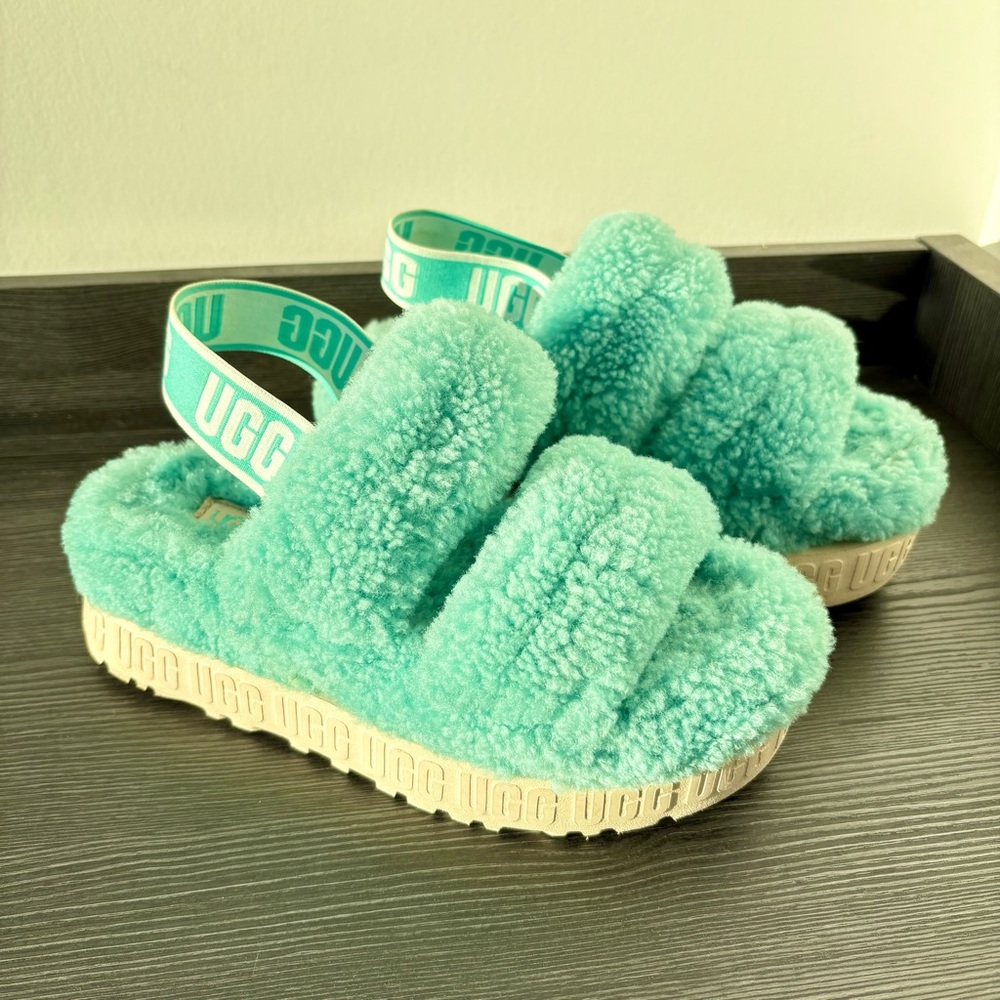 UGG Oh Fluffita Turquoise Blue Size 5 – Plush Sherpa Sheepskin Platform Slippers